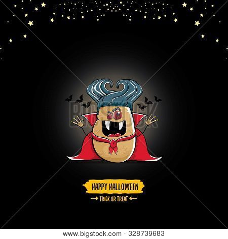 Vector Funny Cartoon Cute Dracula Potato With Fangs And Red Cape Isolated On Dark Background. My Nam