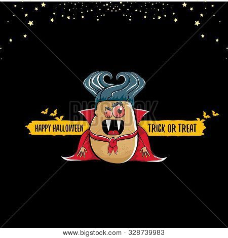 Vector Funny Cartoon Cute Dracula Potato With Fangs And Red Cape Isolated On Dark Background. My Nam