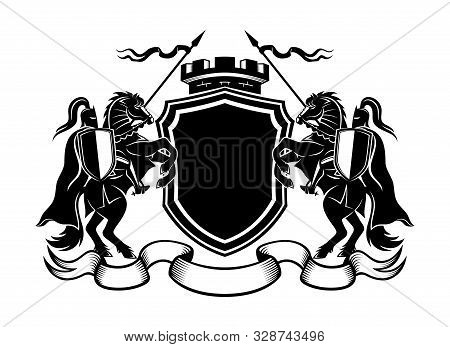 Knights With Spears Riding A Horse And Shield On A White Background.