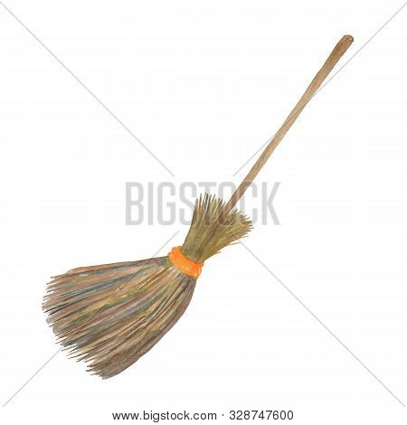 Original Watercolor Hand Drawn Witch’s Broom On The White Background, Halloween Party Design Element