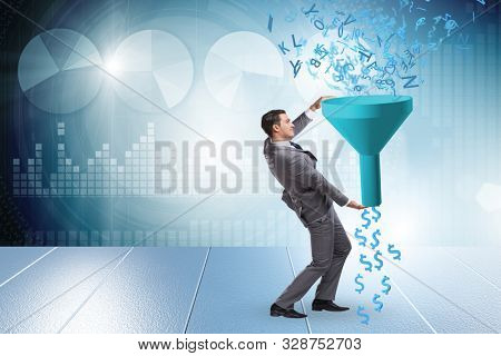 Data monetization concept with funnel and businessman