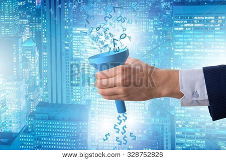 Data monetization concept with funnel and businessman