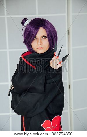 Girl Cosplayer With Purple Hair Anime Japan
