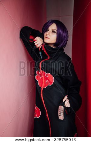 Girl Cosplayer With Purple Hair Anime Japan