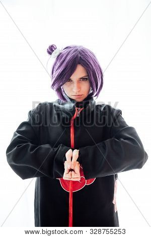 Girl Cosplayer With Purple Hair Anime Japan