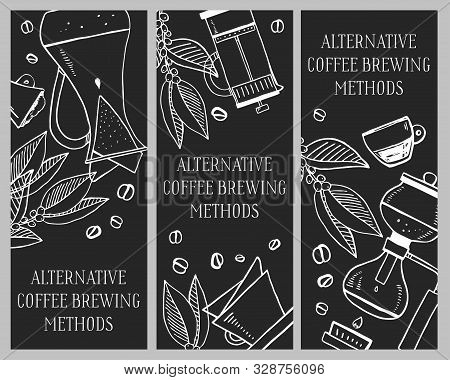 Alternative Coffee Brewing Methods Banner Design Templates. Drip, Filter And Syphon Brewed Drinks. H
