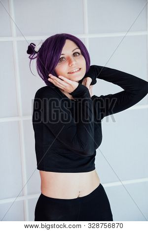 Girl Cosplayer With Purple Hair Anime Japan