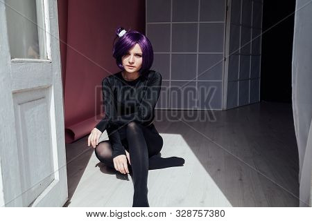 Girl Cosplayer With Purple Hair Anime Japan