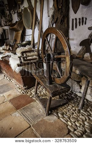 Old Wooden Spinner, Detail Of Traditional Art, Sewing