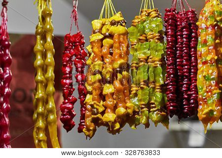 Churchkhela - Traditional East Multicolored Sweet Dried Fruit Dessert With Fruit Juice, Hazelnuts, W