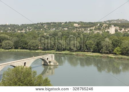 The Saint Bénézet Bridge, Known As The Avignon Bridge, Facing The City Of Villeneuve Les Vignon. Vau