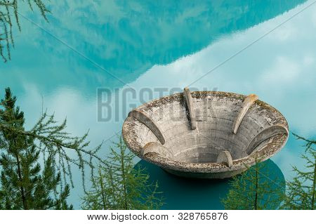 The Lake Vernagt-stausee (schnalstal, South Tyrol, Italy) On A Misty Morning In Summer. The Water Of
