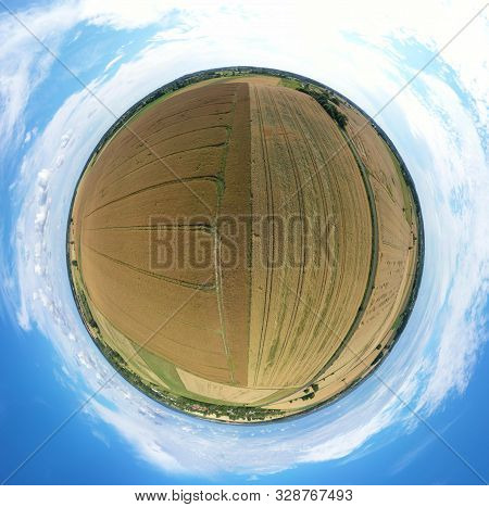 Aerial Drone 360 Degree Panoramic View On Damaged Wheat Field After Wind Storm, Rural Landscape.
