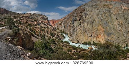 Tajikistan. The Pamir Highway. Panorama Of The Mountain River Iskanderdarya Flowing From Lake Iskand