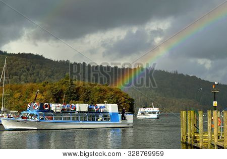 Bowness-on-windermere, Cumbria, England, Uk - October 12, 2019 : Rainbow In Bowness-on-windermere A 