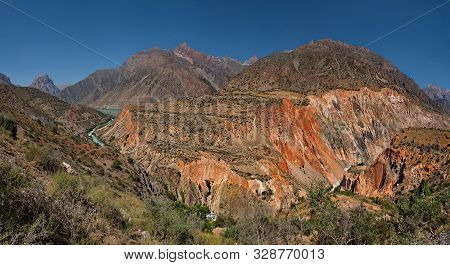 Tajikistan. The Pamir Highway. Panorama Of The Mountain River Iskanderdarya Flowing From Lake Iskand