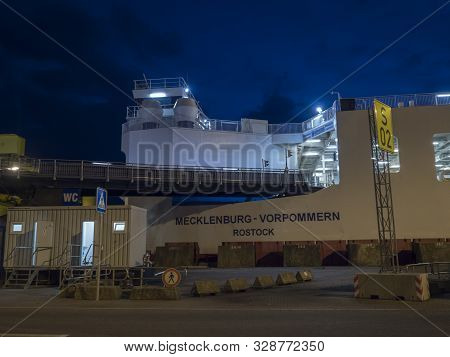 Rostock, Germany, August 20, 2019: Stena Line Ferry At The Ferry Terminal In Rostock Harbor, Night V