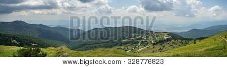 Panoramic View Of Shipka Pass From Buzludzha Peak. Shipka Pass - A Scenic Mountain Pass Through The 