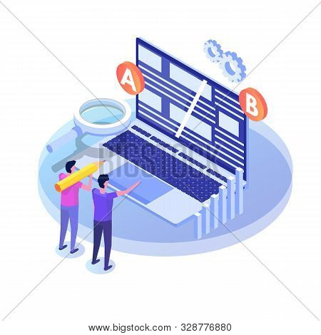 A-b Comparison. Split Testing Isometric Concept. Vector Illustration.
