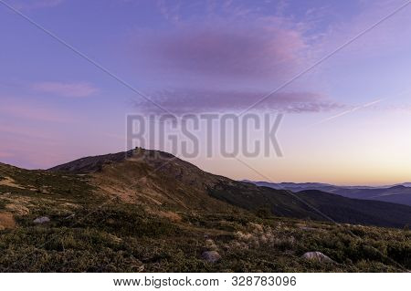 Evening Light In The Mountains. Sunset In The Mountains. Purple Sky Over The Mountains.