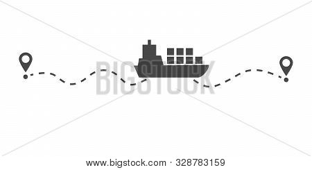 Sea Carriage Flat Concept With Ship Floating On Path And Map Pointers In Beggining And End Of Way. V