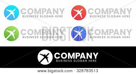 World Travel Round Airplane Silhouette Logo Design Set. For Traveling, Airline Or Global Tour Agency