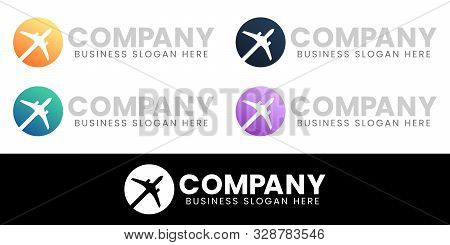 World Travel Circle Airplane Silhouette Logo Design Set. For Flight, Airline Or Holiday Tour Agency 