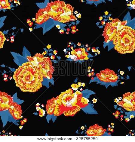 Vector Vivid Colorful Folk Roses On Black Seamless Pattern Background.