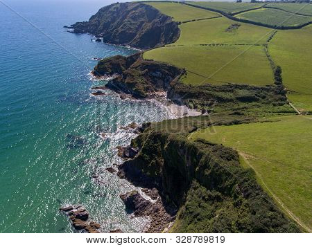 Aerial View Of Cornwall England Coast By Drone Portgisky Between Pentewan And Mevagissey