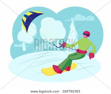 Sportsman Snowboarder In Colorful Wear, Helmet And Goggles Holding Kite Riding Fast By Icy Surface. 
