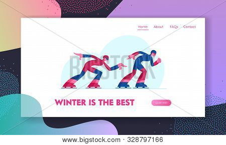 Olympic Games Speed Skaters Competing Website Landing Page. Sportsman And Sportswoman In Sportswear 