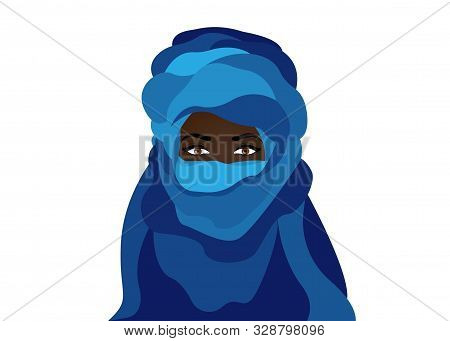 Portrait Of Beautiful Woman Wearing Blue Tuareg Scarf. Young Girl In National Costume Of African Tri