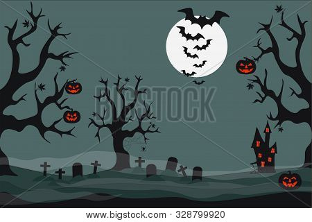 On A Dark Green Background - A Gloomy House, A Cemetery, Trees, Pumpkins, Bats. Light Misty Haze.