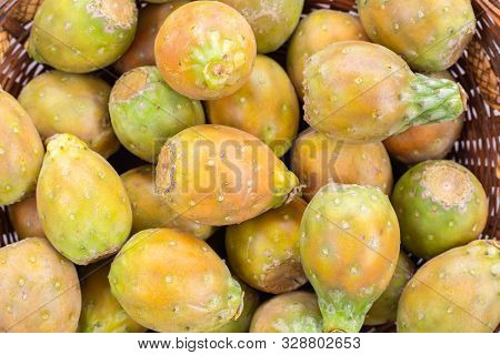 Basket Filled With Delicious Prickly Pear Fruits Or Prickly Pear Fruit, Top View