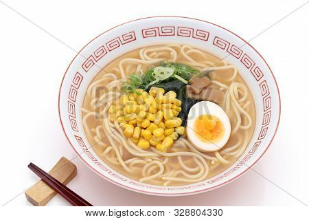 Japanese Miso Ramen Noodles With Chopsticks On White Background