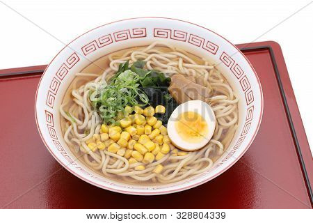 Japanese Soy Sauce Ramen Noodles In A Bowl On Red Tray