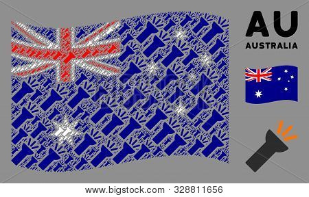 Waving Australia Official Flag. Vector Electric Torch Light Design Elements Are Scattered Into Conce