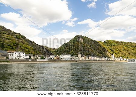 View Along The Beautiful Rhine In Germany With The Village Sankt Goar