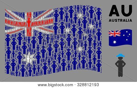 Waving Australia Flag. Vector Gentleman Akimbo Pictograms Are Formed Into Conceptual Australia Flag 