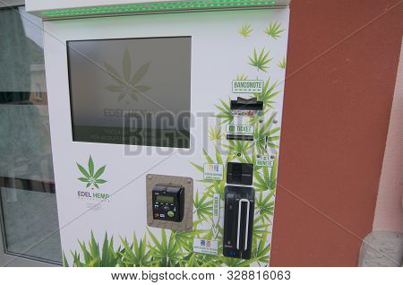 Tesserete, Ticino, Switzerland - 7th September 2019 : Picture Of A Cbd Vending Machine Located In Th