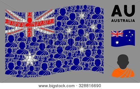 Waving Australia Official Flag. Vector Buddhist Monk Elements Are Arranged Into Geometric Australia 