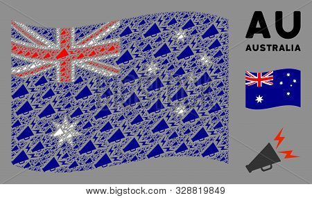 Waving Australia Official Flag. Vector Alert Megaphone Pictograms Are Placed Into Conceptual Austral