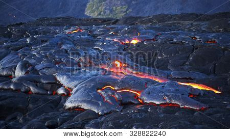 Wide Shot Of A Lava Flow From Kilauea Volcano In Hawaii