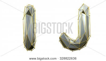 Letter set I, J made of realistic 3d render silver color. Collection of gold low polly style alphabet isolated on white background