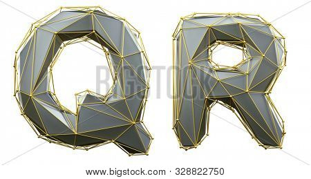 Letter set Q, R made of realistic 3d render silver color. Collection of gold low polly style alphabet isolated on white background