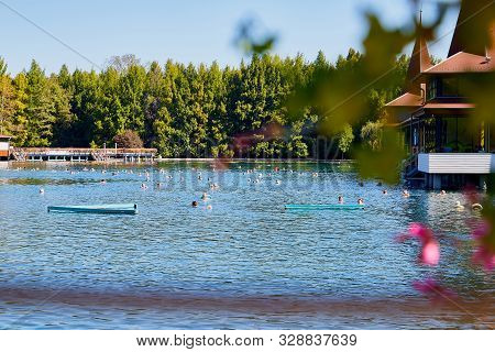 Heviz, Hungary - September 27, 2018: Balneological Therapeutic Lake Heviz In Hungary With Warm Water