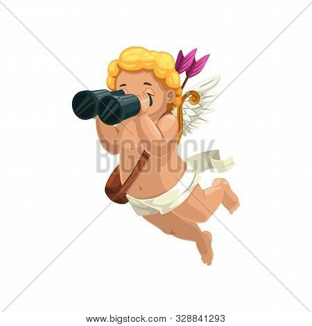 Amur Winged Boy In Diaper Isolated Cupid. Vector Outline Eros With Binoculars Searching Lovers