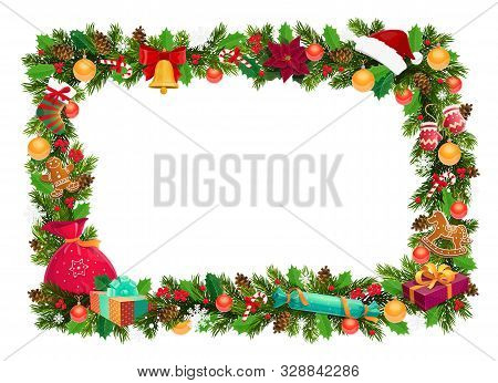 Christmas Holiday Card Frame And Blank Space. Vector Gingerbread Cookies And Socks, Gift Box And Con
