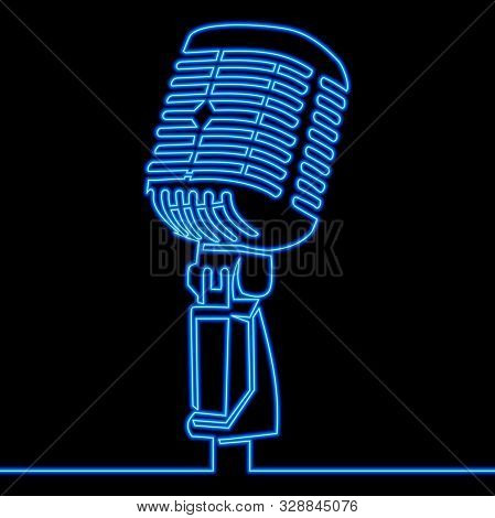 Continuous One Single Line Drawing Retro Microphone Logo Icon Neon Glow Vector Illustration Concept
