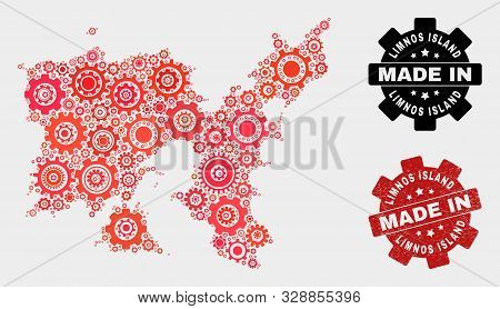 Mosaic Gear Limnos Island Map And Textured Seal. Vector Geographic Abstraction In Red Colors. Mosaic
